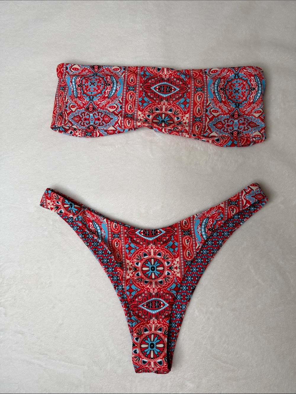 Red Paisley Bandeau Bikini Set with Blue Accent